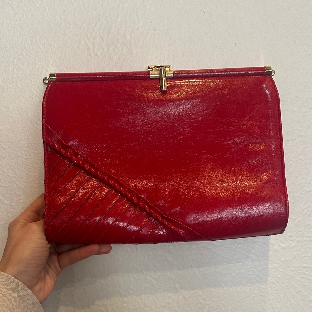 Evan Picone Red Leather Frame Clutch with Diagonal Stitch Detail